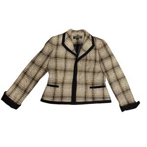 Kasper Blazer Womens Size 4 Plaid Tweed Career Jacket Black Trim